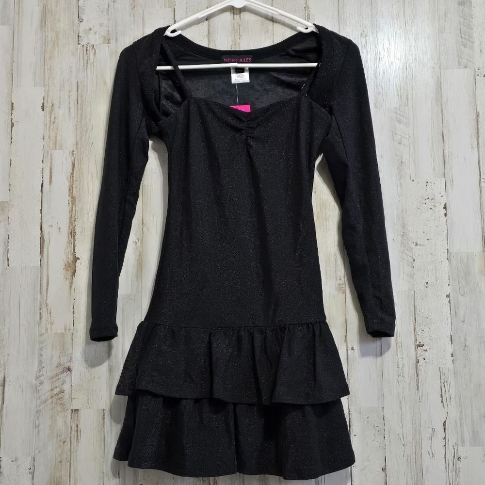 With Jules Black Tiered Ruffle Drop Waist Sparkle Dress & Shrug Set Size Large